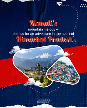 Travel poster for Manali, Himachal Pradesh featuring mountain scenery and city views.