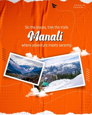 Promotional image for Manali tourism featuring snowy mountains and adventure activities.