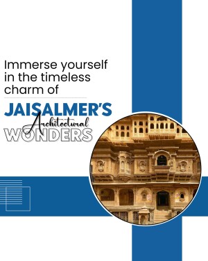 Promotional image for Jaisalmer's architectural wonders featuring a detailed facade of a historic building.