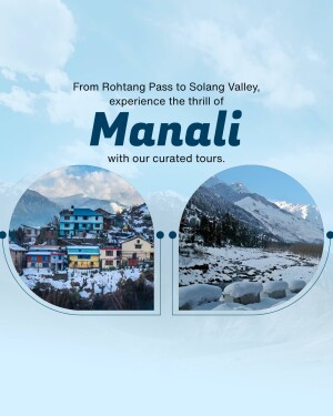 Manali travel poster featuring scenic views and tour information.