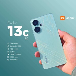 Redmi 13C 5G smartphone in a hand with specifications listed