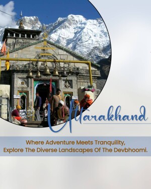 Scenic view of Kedarnath Temple nestled in the Himalayas with the text 'Uttarakhand'