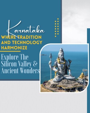 Statue of Shiva in Karnataka with text overlay promoting tourism