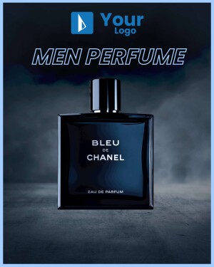 Close-up of a Chanel Bleu de Parfum bottle against a dark, smoky background.