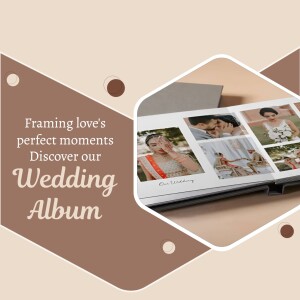 Close-up of a wedding photo album with a couple's photos, promoting wedding album services.