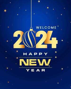 Golden 2024 New Year decoration with a hanging ornament and stars