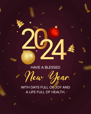 Golden 2024 New Year graphic with ornaments and confetti