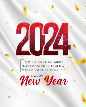 New Year 2024 celebration with red numbers and gold confetti