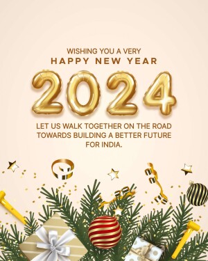Golden 2024 balloon numbers with New Year decorations and a message for India.