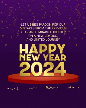 Happy New Year 2024 graphic with golden text and confetti