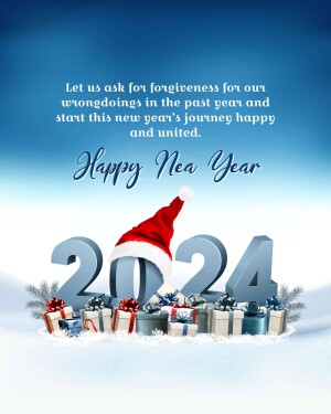 New Year 2024 image with Santa hat, gifts, and a message about forgiveness.