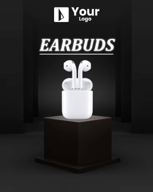 White wireless earbuds in charging case on a black pedestal