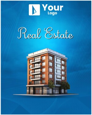 Image of a modern apartment building with 'Real Estate' text and a logo.