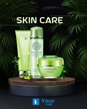 Chaiceness skincare products displayed on a wooden platform with green leaves