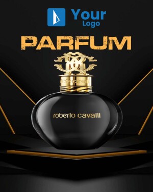 Roberto Cavalli Parfum bottle on a black and gold background