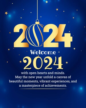 Golden 2024 New Year graphic with ornament and welcome message