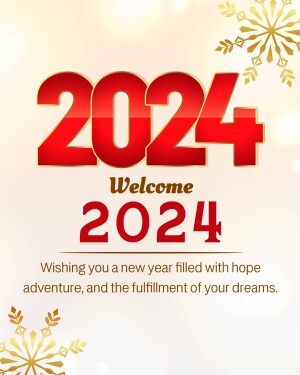 New Year 2024 greeting card with red numbers and snowflakes