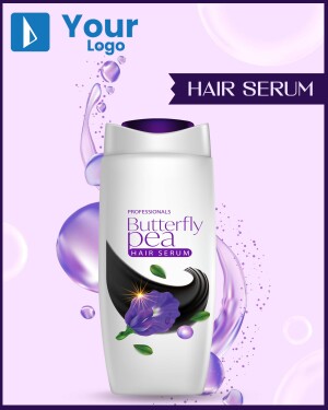 Product shot of Butterfly Pea Hair Serum in a white bottle with purple flower and liquid splash.