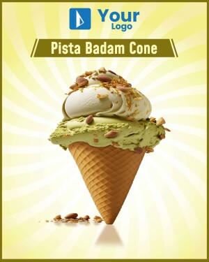 Close-up of a Pista Badam ice cream cone with pistachios and almond toppings.