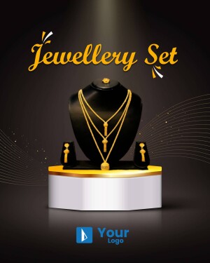 Gold necklace, earrings, and bracelet set displayed on a black bust with a gold and silver platform.