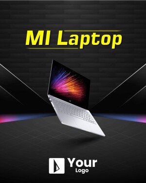MI Laptop floating in a dynamic abstract background
