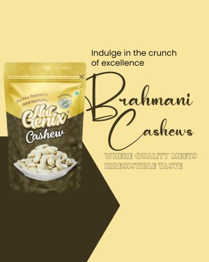 Pack of Brahmani Cashews with text 'Indulge in the crunch of excellence'