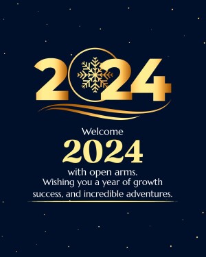 Golden 2024 with a snowflake and welcome message