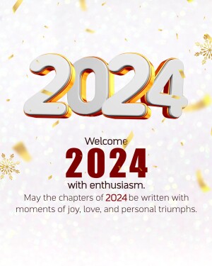 Golden 2024 text with confetti and a welcoming message