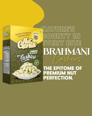 Pack of NutGenix Brahmani Special Cashews with cashews in a bowl