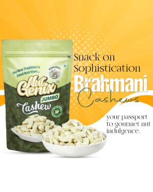 Close-up of a Brahmani Cashews Jumbo pack with cashews in a bowl.
