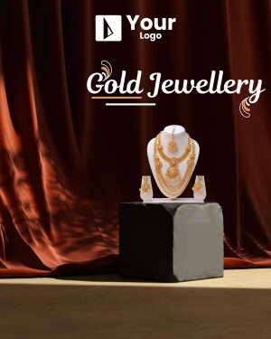 Elegant gold jewellery set displayed on a black pedestal with a red velvet backdrop.