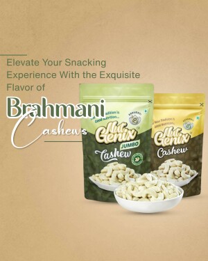 Two packages of Brahmani Nut Genix Jumbo Cashews with cashews in a bowl