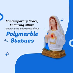 Close-up of a white and blue Poly Marble statue of the Virgin Mary with a heart.
