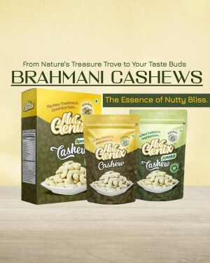 Brahmani Cashews product packaging and cashews on a plate