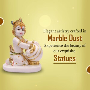 Close-up of a white marble dust Krishna statue with a yellow and orange background.