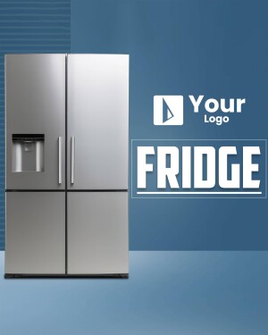 Stainless steel refrigerator with logo and text overlay