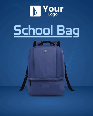 Blue school backpack with logo and text overlay