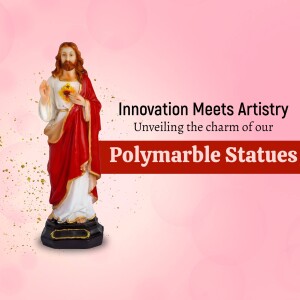 Image of a Sacred Heart of Jesus polymarble statue with a pink background and promotional text.