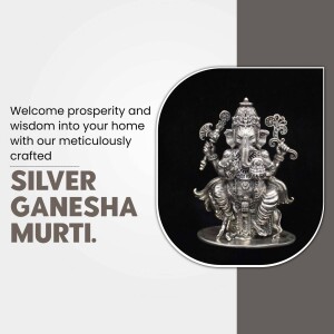 Silver Ganesha idol on a black background with text promoting prosperity