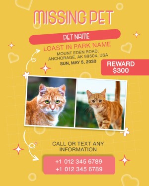 Missing pet poster featuring a ginger tabby cat with a reward offered.