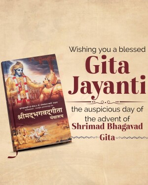 Image depicting a book of Bhagavad Gita with a festive greeting for Gita Jayanti.