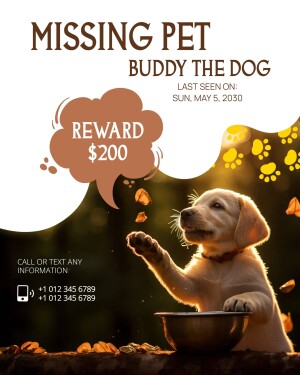 Missing dog poster with a picture of a golden retriever puppy and a reward offer.