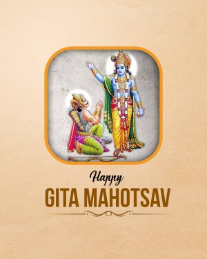 Image depicting Krishna and Arjuna with text 'Happy Gita Mahotsav'