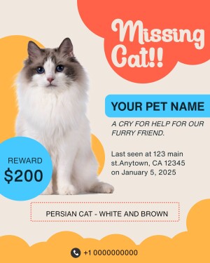 Missing cat poster featuring a fluffy white and brown Persian cat