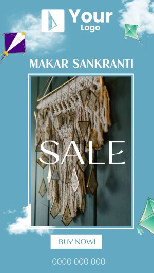 Makar Sankranti Sale advertisement with kites and a decorative wall hanging