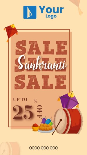 Sankranti Sale advertisement with kites, drum, and sweets