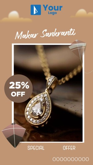 Makar Sankranti jewelry offer with a gold pendant and kite decorations.