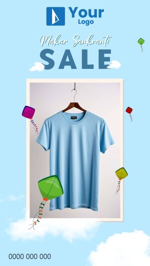 Makar Sankranti Sale advertisement featuring a light blue t-shirt and kites.