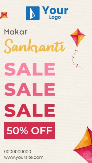 Makar Sankranti Sale advertisement with kites and 50% off offer.