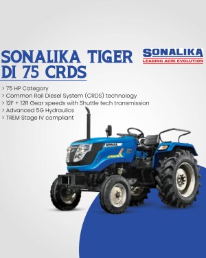 Blue Sonalika Tiger DI 75 CRDS tractor with key features listed